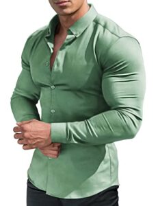urru men's muscle dress shirts slim fit stretch long sleeve casual button down shirt light army green l