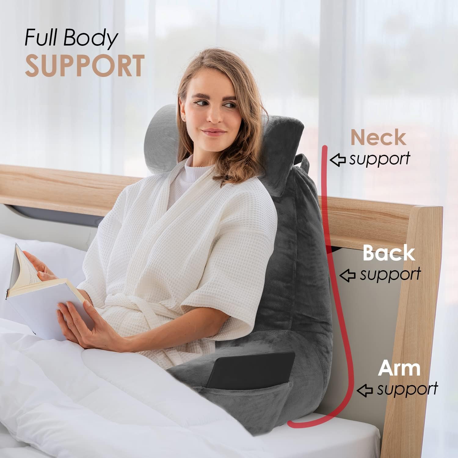 Nestl Reading Pillow with Portable Laptop Lap Desk, Velvet Feel Back Pillow for Sitting in Bed, Shredded Memory Foam Back Support Pillow for Bed, Bed Rest Pillow with Arms, Large - Gray