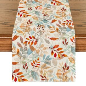 artoid mode beige eucalyptus leaves fall table runner, seasonal autumn kitchen dining table decoration for outdoor home party 13x72 inch