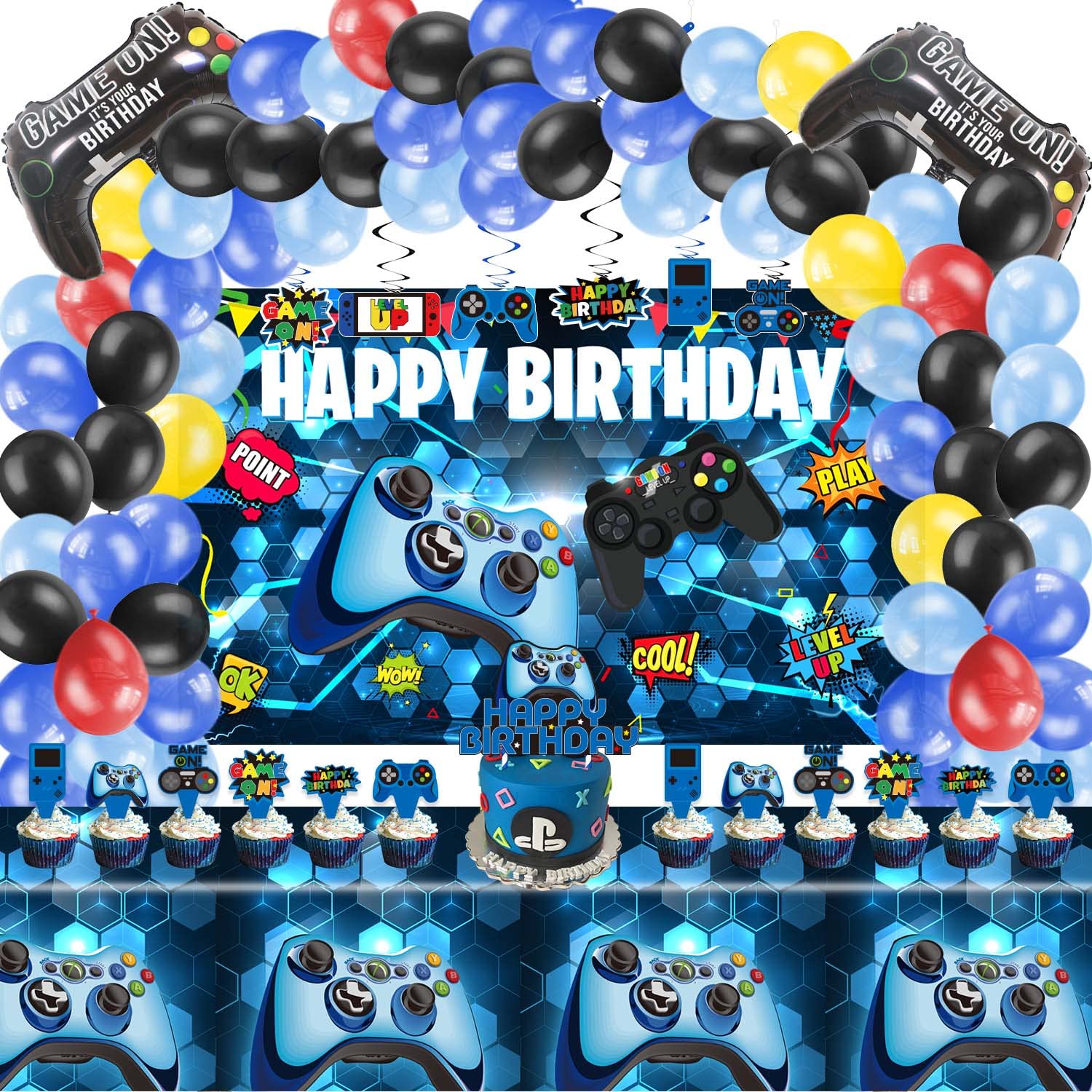 KimaruLZ Video Game Birthday Party Decorations - 109Pcs Gamer Gaming Party Supplies For Boys Birthday Party - Happy Birthday Backdrop, Table Cover, Hanging Swirls, Cupcake Cake Topper, Balloons