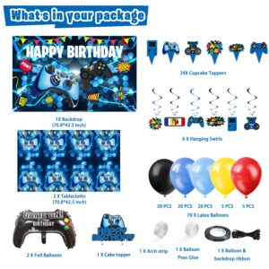 KimaruLZ Video Game Birthday Party Decorations - 109Pcs Gamer Gaming Party Supplies For Boys Birthday Party - Happy Birthday Backdrop, Table Cover, Hanging Swirls, Cupcake Cake Topper, Balloons