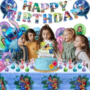 Stitch Birthday Party Supplies, Stitch Birthday Decorations Include Birthday Banner, Foil Balloons, Cupcake Toppers, Tablecloth