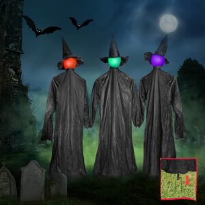 3 witches halloween decorations outdoor 5'5" light up witches holding hands outside scary decor standing witch with led and voice control for garden yard haunted house porch