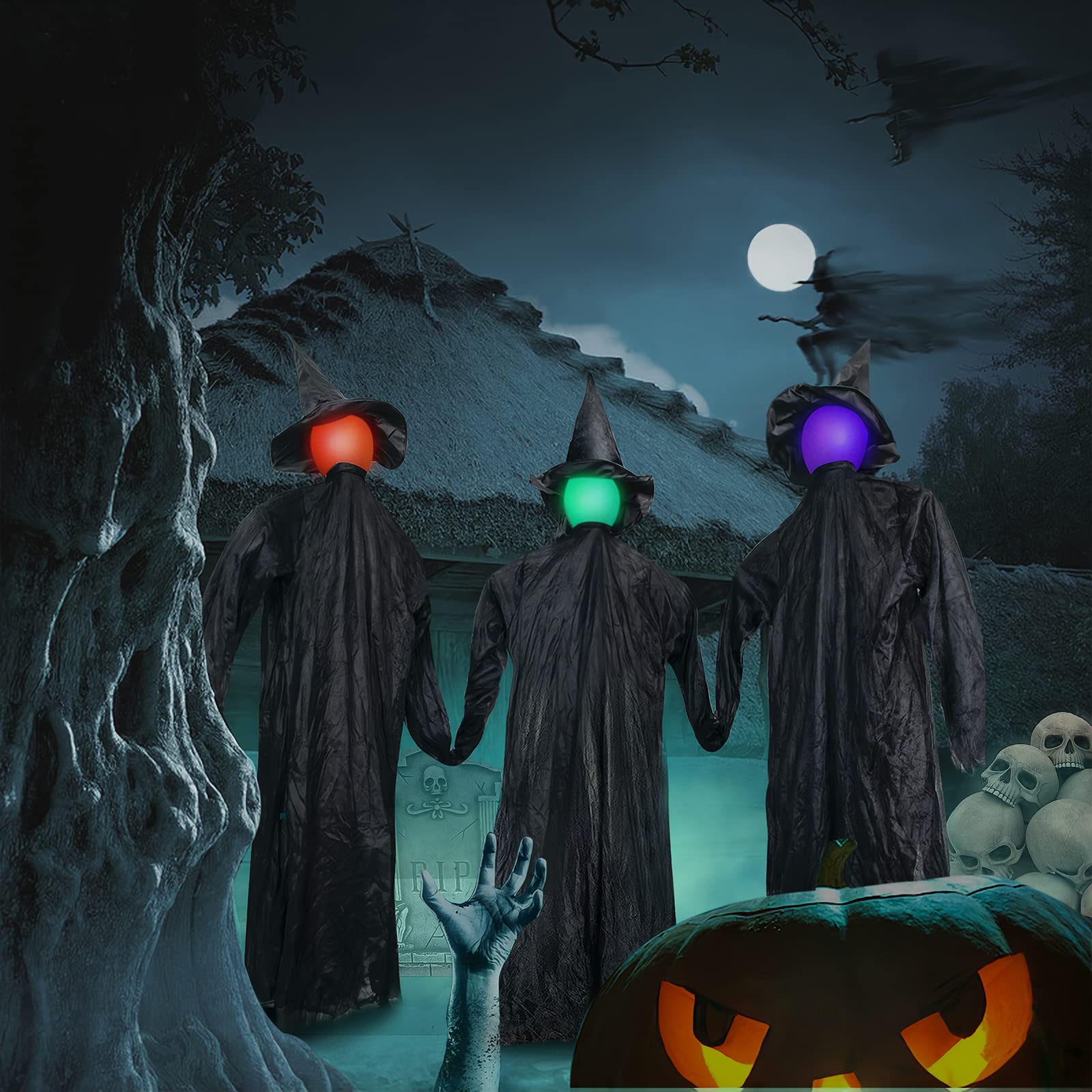 3 Witches Halloween Decorations Outdoor 5'5" Light Up Witches Holding Hands Outside Scary Decor Standing Witch with LED and Voice Control for Garden Yard Haunted House Porch