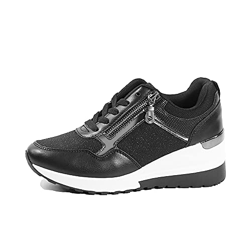 EETTARO Women's Wedge Platform Fashion Sneakers Ladies Lace Up High Heel Lightweight Walking Shoes(Black PU V1, Numeric_7)