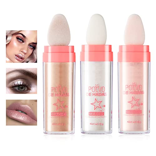 NewBang Polvo De Hadas Highlighter Powder Stick Makeup,Body Glitter Shimmer and Shine High Gloss Blush Contour Makeup,Smooth Sparkle Patting Powder for Face Eyes Lips Hair Body Glow -3 Colors