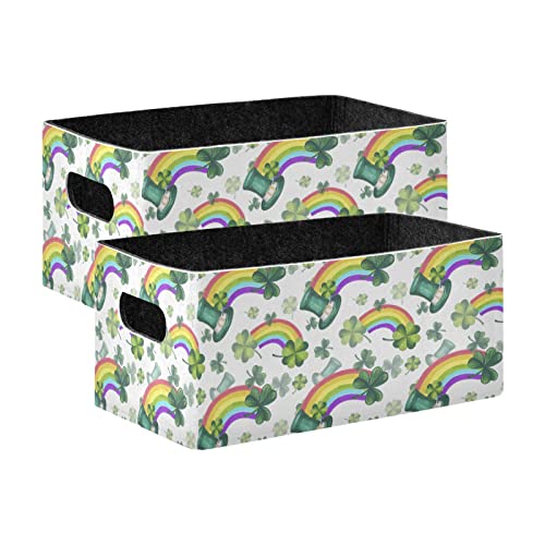 St Patrick's Day Shamrock Storage Basket Bins Set (2pcs) Felt Collapsible Storage Bins with Handles Foldable Shelf Drawers Organizers Bins for Office Bedroom Closet Babies Nursery Toys DVD Laundry