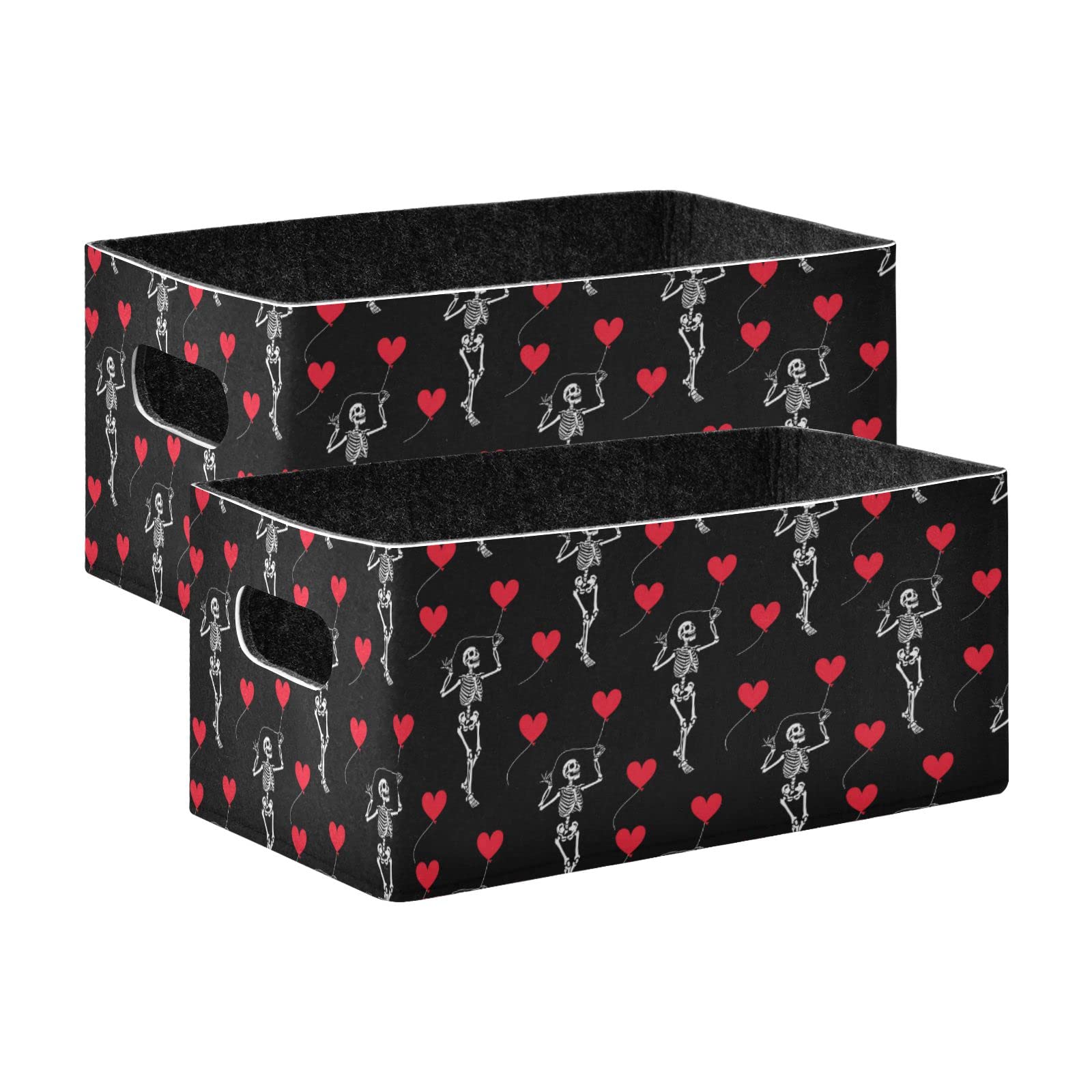 Skeleton Valentine Storage Basket Bins Set (2pcs) Felt Collapsible Storage Bins with Handles Foldable Shelf Drawers Organizers Bins for Nursery Toys,Kids Room,Clothes,Towels,Magazine