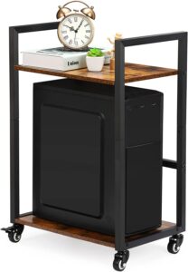 sehertiwy 2 tier computer tower stand, brown cpu holder stand cart with rolling caster wheels, mobile pc tower stand for office home studio