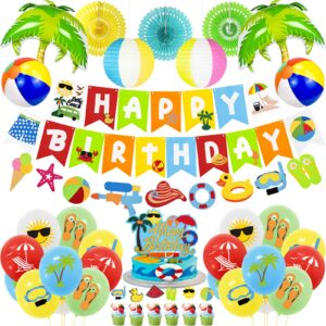 summer beach party decorations, beach theme pool birthday party supplies including birthday banner beach garland paper lanterns beach balls cupcake toppers balloons set for hawaiian luau party