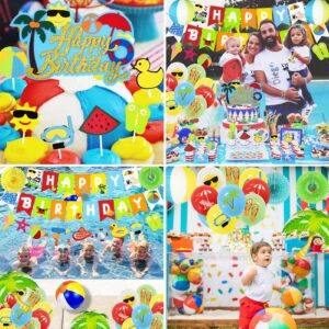Summer Beach Party Decorations, Beach Theme Pool Birthday Party Supplies Including Birthday Banner Beach Garland Paper Lanterns Beach Balls Cupcake Toppers Balloons Set for Hawaiian Luau Party