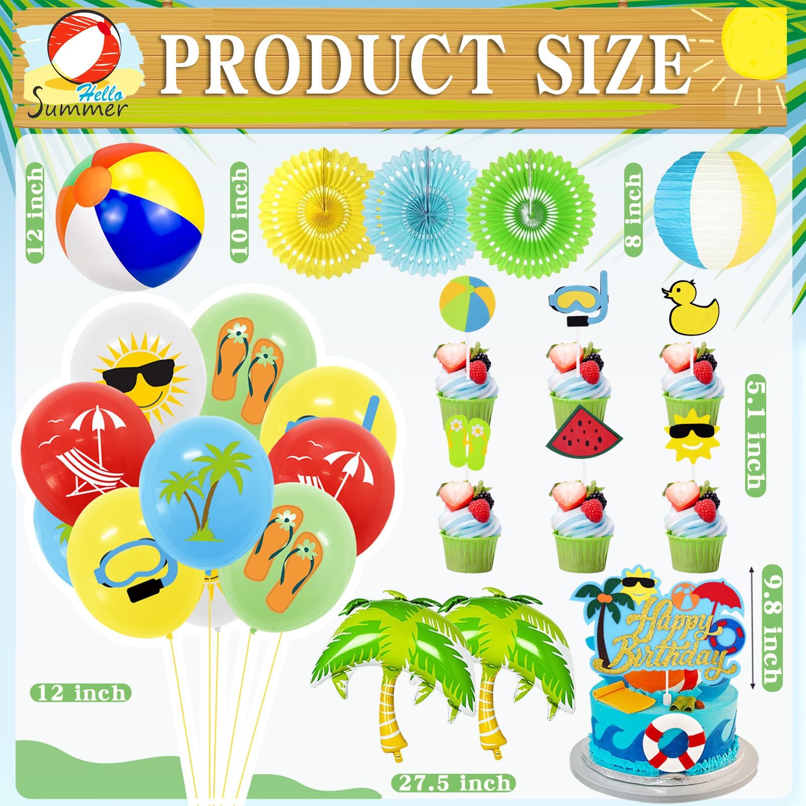 Summer Beach Party Decorations, Beach Theme Pool Birthday Party Supplies Including Birthday Banner Beach Garland Paper Lanterns Beach Balls Cupcake Toppers Balloons Set for Hawaiian Luau Party