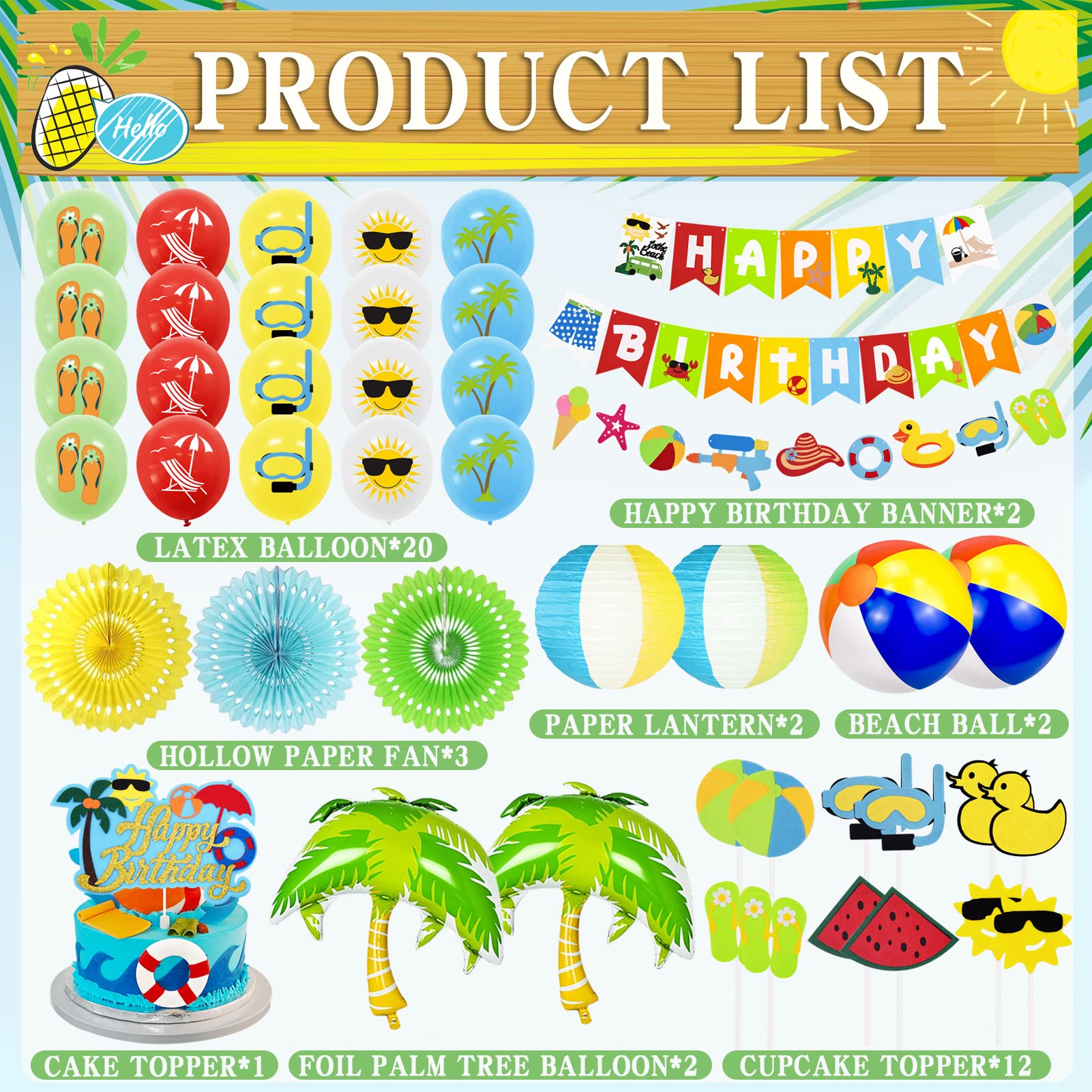 Summer Beach Party Decorations, Beach Theme Pool Birthday Party Supplies Including Birthday Banner Beach Garland Paper Lanterns Beach Balls Cupcake Toppers Balloons Set for Hawaiian Luau Party