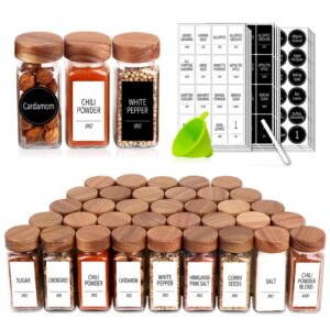 24 spice jars with 547 labels - glass spice jars with shaker lids - 4 oz square spice containers with acacia wood lids, chalk pen, funnel- churboro seasoning jars for spice rack, cabinet, or drawer