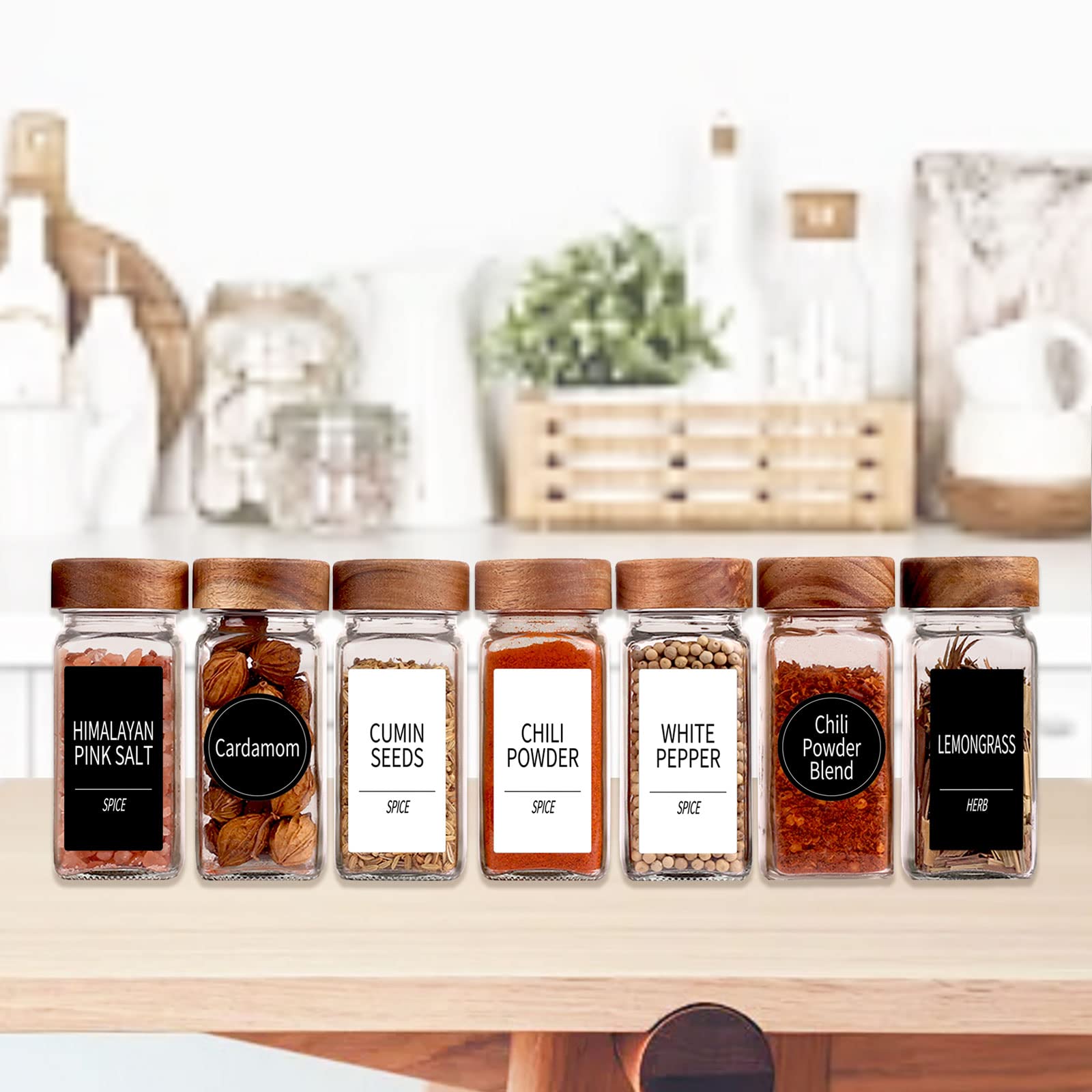 24 Spice Jars with 547 Labels - Glass Spice Jars with Shaker Lids - 4 Oz Square Spice Containers with Acacia Wood Lids, Chalk Pen, Funnel- Churboro Seasoning Jars for Spice Rack, Cabinet, or Drawer