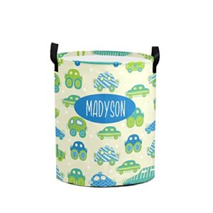 personalized laundry basket with name custom laundry hamper for boys collapsible durable toys organizer storage round baskets nursery bedroom decor (car 01)