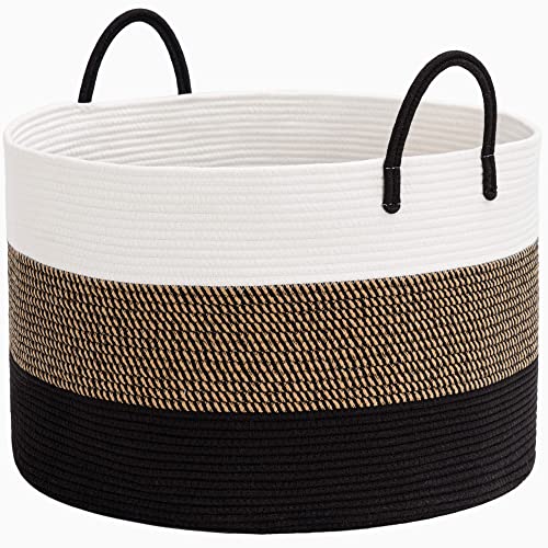 HiChen Large Woven Rope Basket With Handles, Blanket Basket Living Room, Baby Toy Nursery Storage Basket, Large Round Laundry Basket, 21.7 x 13.8 inches, 83L