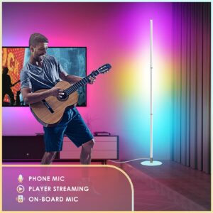 DELIZIO RGBICW Floor Corner Lamp Colors/Music Sync/Adjustable Height/Timing/Dimmable/3000K Warm Light with Bluetooth APP Smart Remote LED Minimalist Standing Lamp for E-Sports Gaming Room 52"