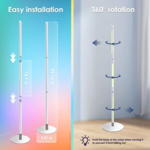 DELIZIO RGBICW Floor Corner Lamp Colors/Music Sync/Adjustable Height/Timing/Dimmable/3000K Warm Light with Bluetooth APP Smart Remote LED Minimalist Standing Lamp for E-Sports Gaming Room 52"