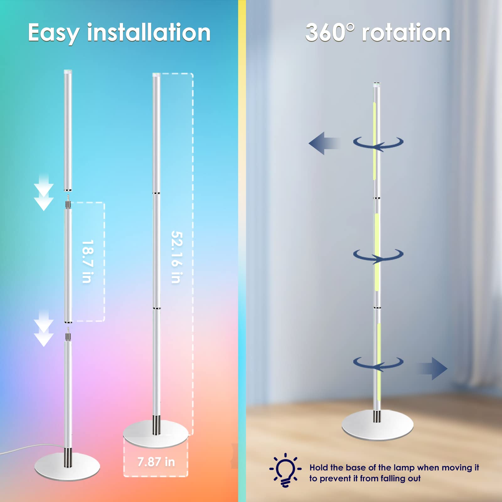 DELIZIO RGBICW Floor Corner Lamp Colors/Music Sync/Adjustable Height/Timing/Dimmable/3000K Warm Light with Bluetooth APP Smart Remote LED Minimalist Standing Lamp for E-Sports Gaming Room 52"