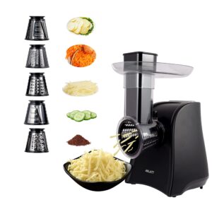 aslatt electric slicer, electric cheese grater for home kitchen use, one-touch control cheese shredder, salad maker machine for fruits, vegetables, cheese grater with 5 attachments