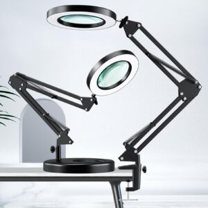 10x magnifying glass with light, hitti 1,800 lumens stepless dimmable, 3 color modes, 4.2″ real glass lens led desk lamp & clamp, magnifier light and stand for crafts welding close work