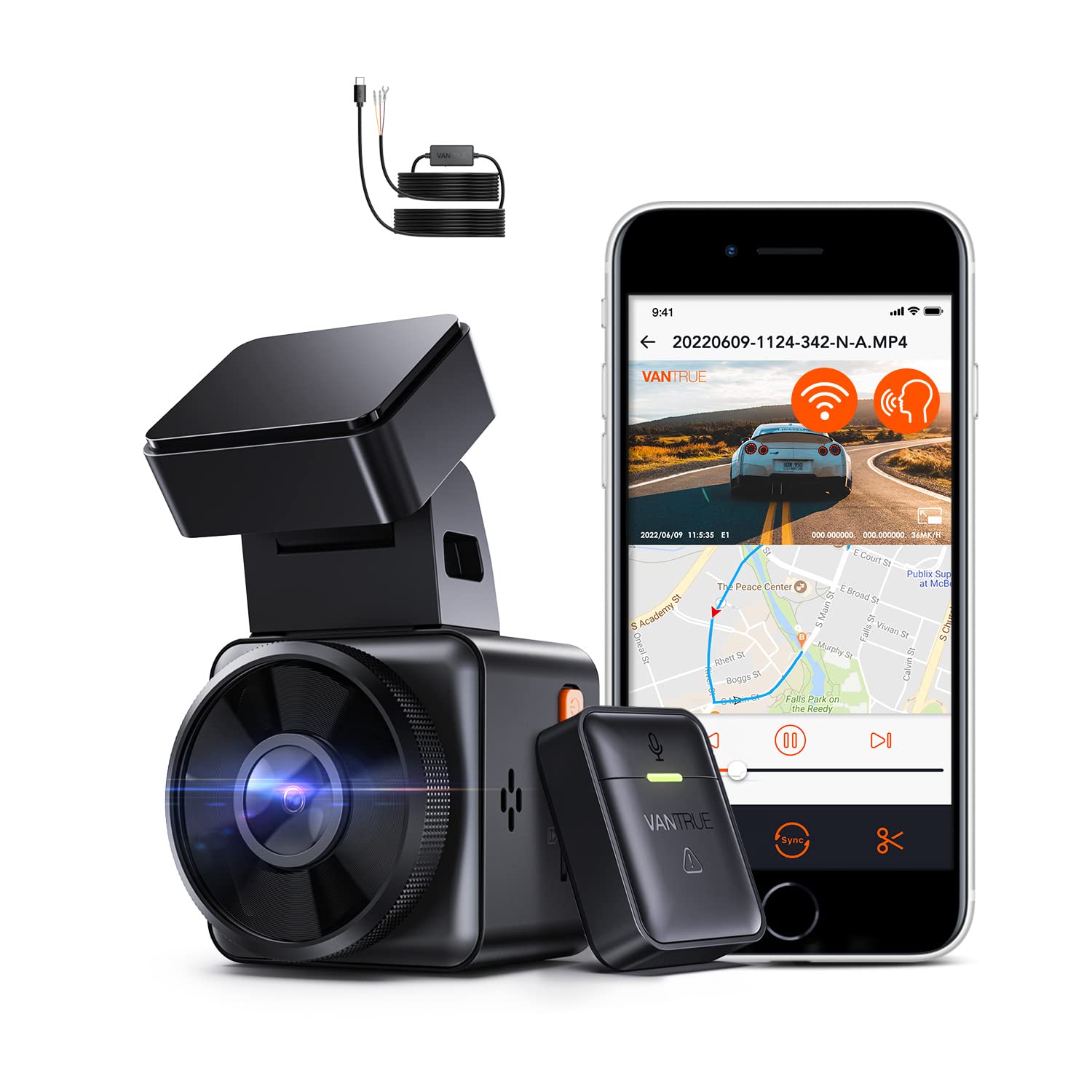 【Bundle: Vantrue E1 Mini GPS Dash Camera+ Type C USB Hardwire Kit】2.7K WiFi Mini Dash Cam with GPS and Speed, Voice Control Front Car Dash Camera, 24 Hours Parking Mode, Night Vision,Motion Detection