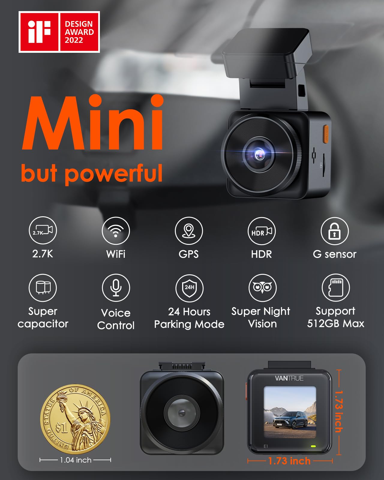 【Bundle: Vantrue E1 Mini GPS Dash Camera+ Type C USB Hardwire Kit】2.7K WiFi Mini Dash Cam with GPS and Speed, Voice Control Front Car Dash Camera, 24 Hours Parking Mode, Night Vision,Motion Detection