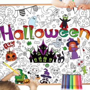 howaf halloween coloring poster with 24 pcs (24 colors) paint pens, jumbo paper coloring banner or tablecloth for kids indoor arts and crafts activity, coloring banner for halloween party supplies