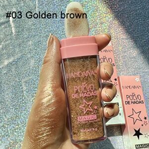 GL-Turelifes Hightlighter Stick Puff Fairy Glitter Loose Powder Brush Stick Contouring, Shimming Powder for Eyes, Face, Body Tiktok Makeup (#03 Gold Brown)