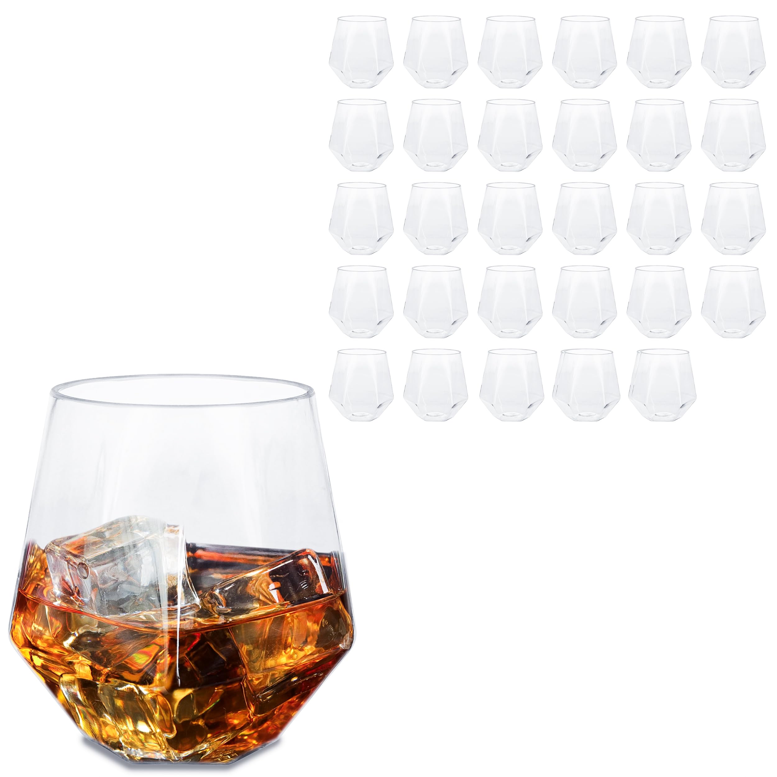 Lot45 Diamond Shaped Plastic Wine Glasses - 30pc 12oz Plastic Whiskey Glasses Stemless Wine Glass Bachelorette Glasses