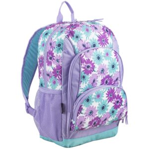 eastsport multi pocket backpack, 18” triple compartment book bag w/adjustable padded straps - purple flowers