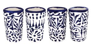 mextequil - talavera shot glasses set of 4 authentic mexican tequila shot glasses - hand-painted - 2 oz (blue lace)