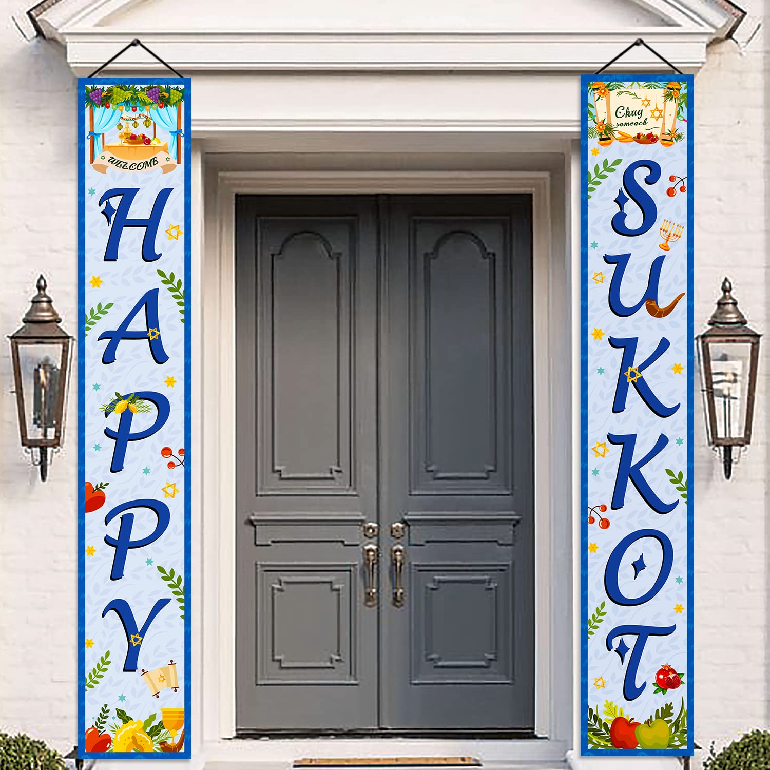 tineit Happy Sukkot Decorations, Happy Sukkot Banner Flag, Sukkah Decorations Welcome Porch Sign Sukkot Decorations Outdoor Indoor Door Banner for Jewish Holiday