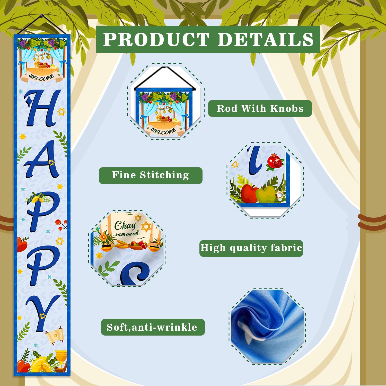 tineit Happy Sukkot Decorations, Happy Sukkot Banner Flag, Sukkah Decorations Welcome Porch Sign Sukkot Decorations Outdoor Indoor Door Banner for Jewish Holiday