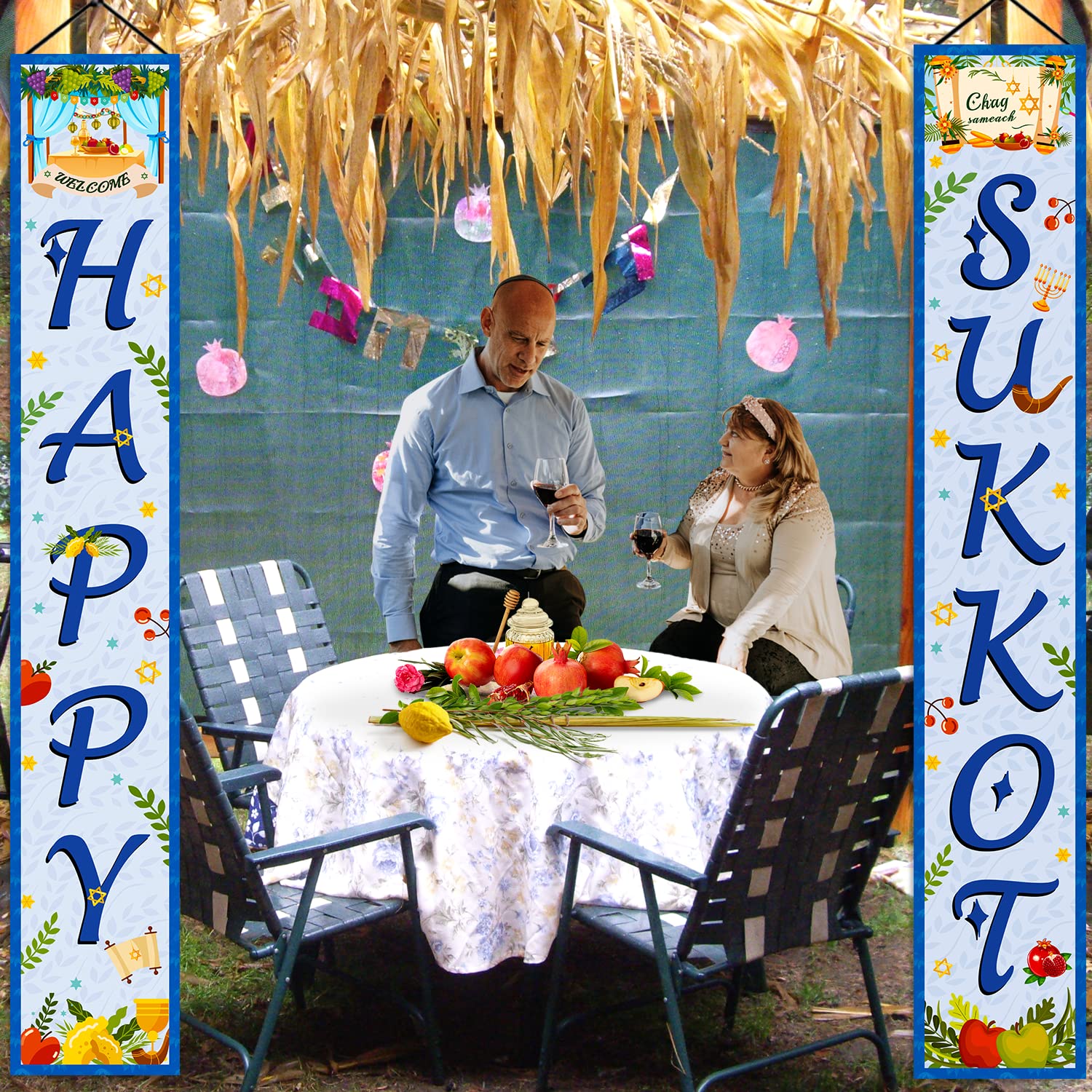tineit Happy Sukkot Decorations, Happy Sukkot Banner Flag, Sukkah Decorations Welcome Porch Sign Sukkot Decorations Outdoor Indoor Door Banner for Jewish Holiday
