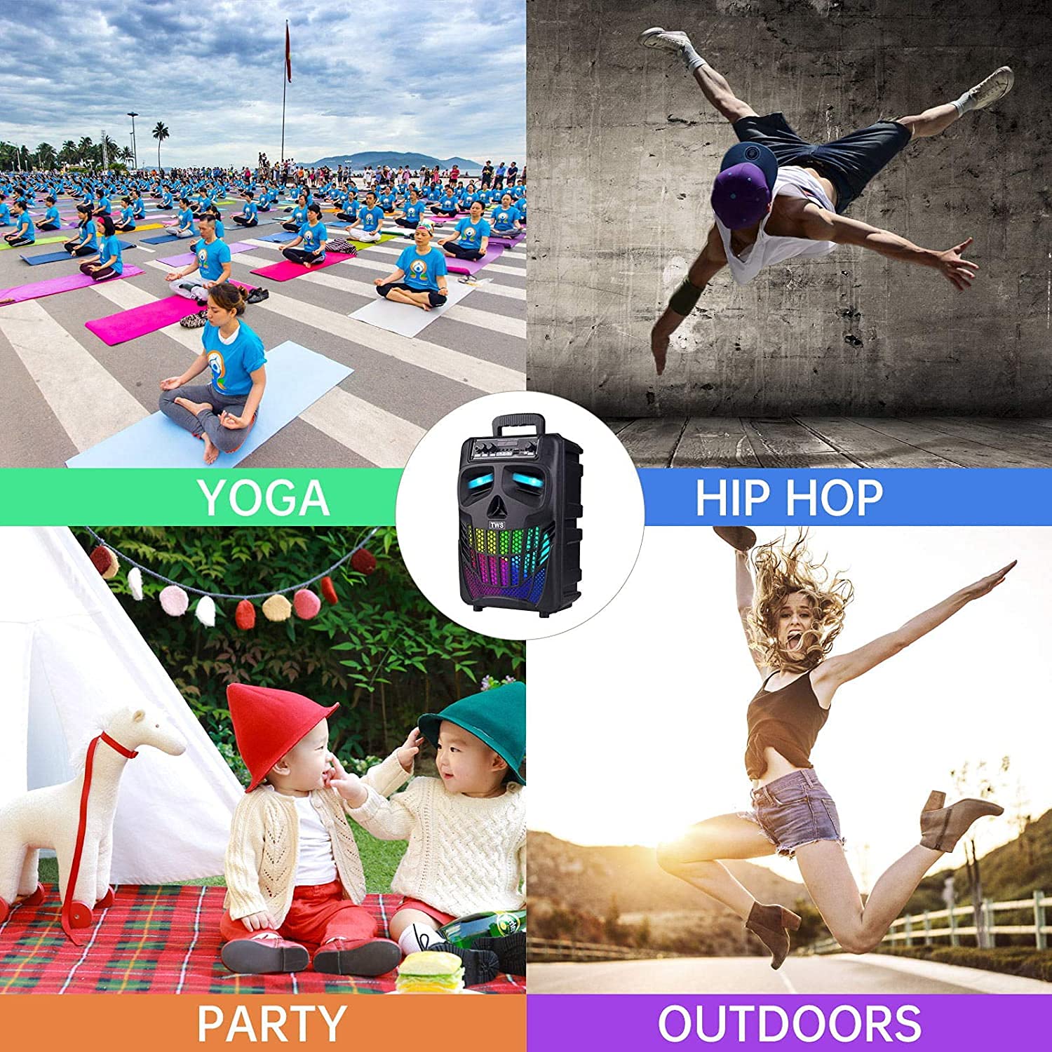 Aesackir Portable Bluetooth Speaker with Subwoofer Wireless Speakers Outdoor/Indoor Big Support Remote Control FM Radio TF Card LED Lights MP3 Player Party for Home Camping iPhone Computer PC (B-S08)