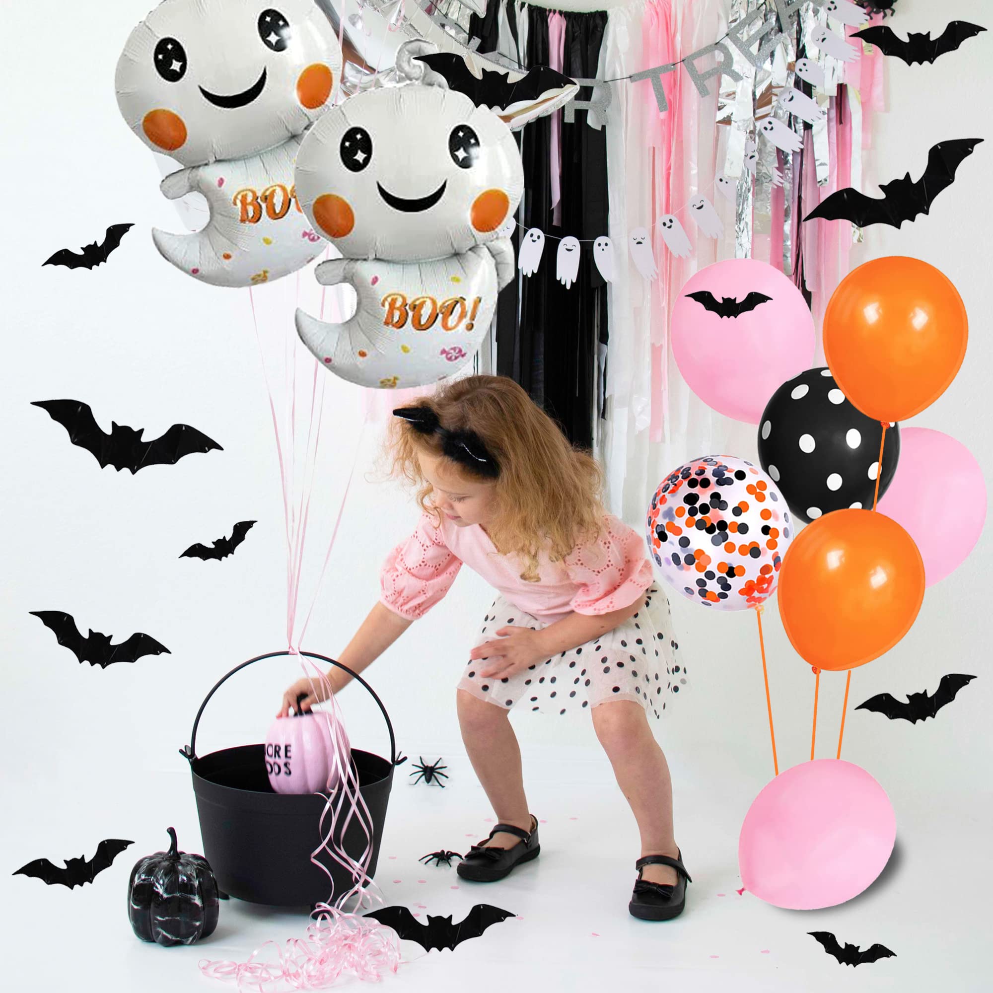 62 Pcs 12 Inch Halloween Balloons Decorations Pink Black Orange Balloons Confetti Balloons Ghost Aluminum Foil Balloons Bats Stickers for Halloween Party Birthday Supplies
