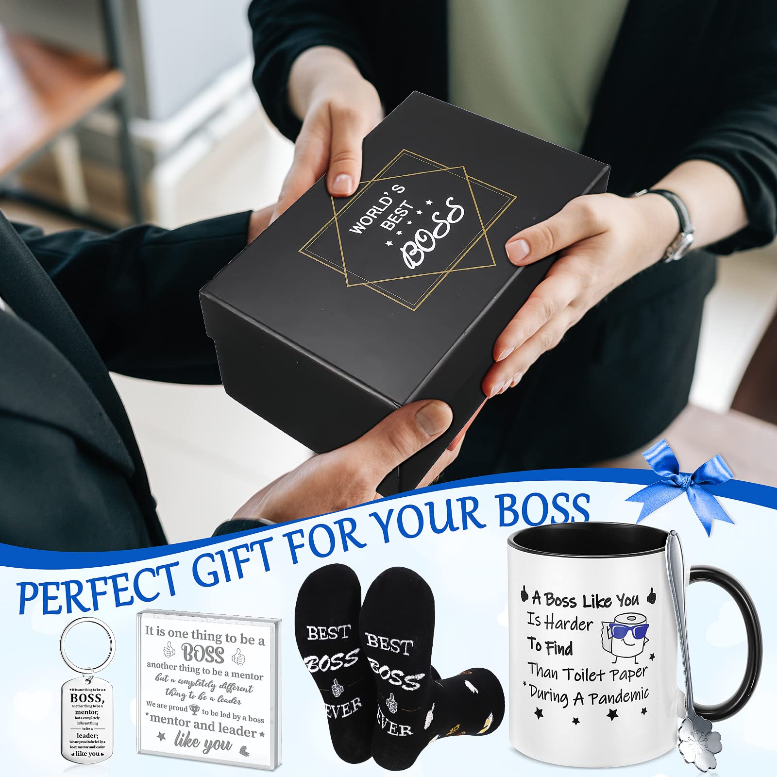 Sieral 5 Pcs Christmas Leader Gifts Set Leader Day Mug Leader Acrylic Sign Socks Keychain with Gift Box for Female Men(Novel Style)