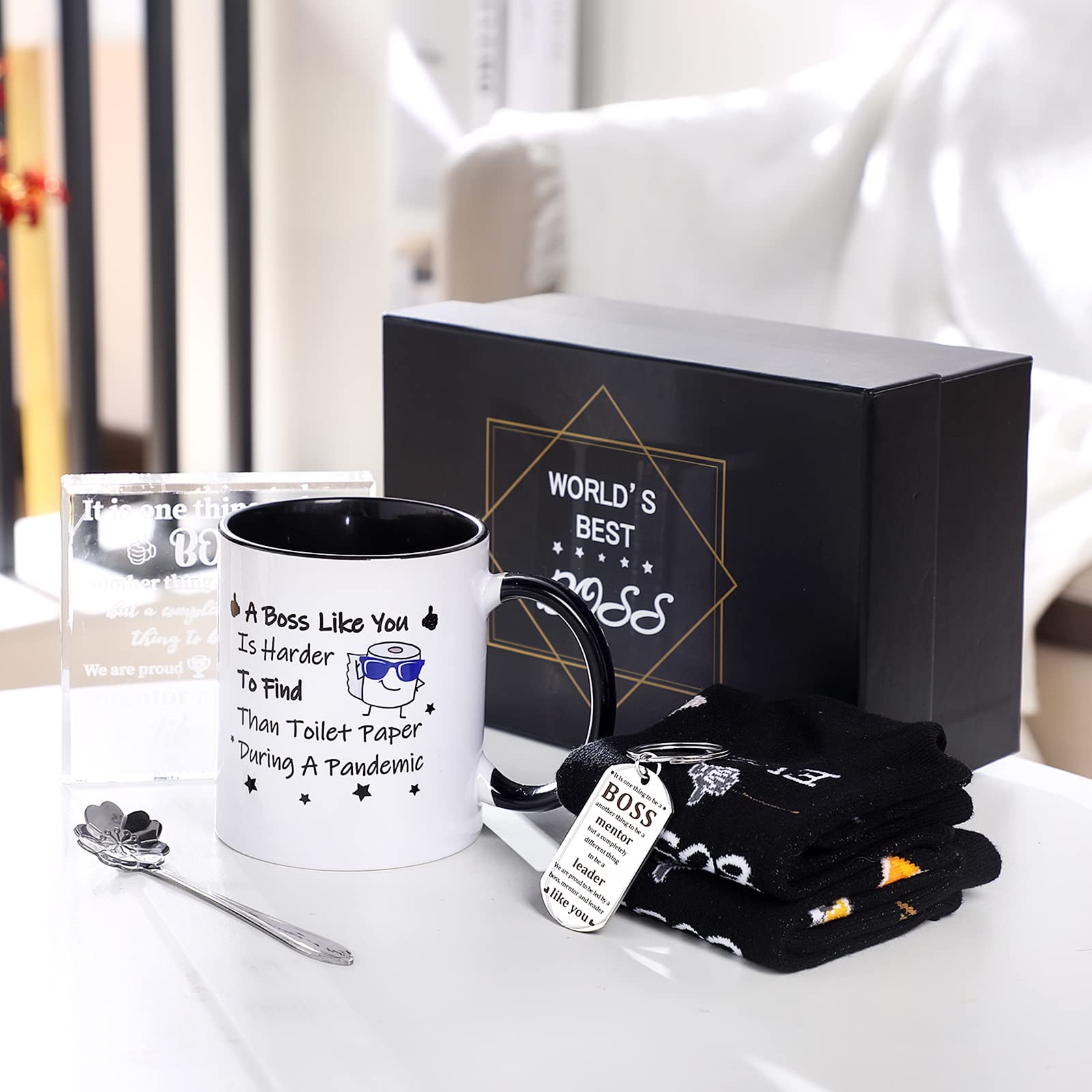 Sieral 5 Pcs Christmas Leader Gifts Set Leader Day Mug Leader Acrylic Sign Socks Keychain with Gift Box for Female Men(Novel Style)