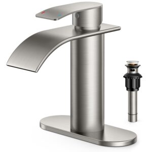forious waterfall bathroom faucets single hole, single handle bathroom sink faucet with metal pop up drain, brushed nickel bathroom faucet with deck plate, vanity faucet for 1 hole or 3 hole sink