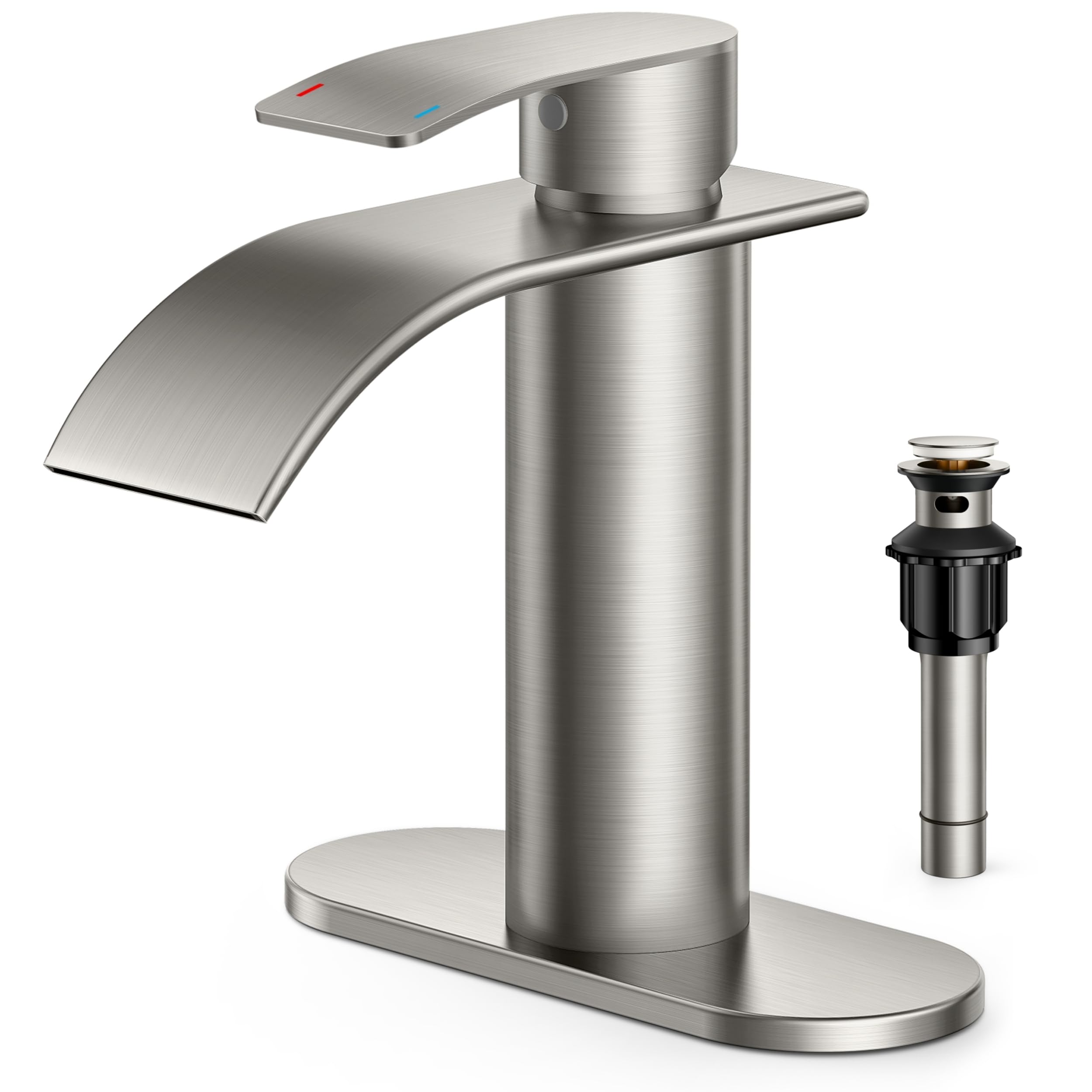 FORIOUS Waterfall Bathroom Faucets Single Hole, Single Handle Bathroom Sink Faucet with Metal Pop up Drain, Brushed Nickel Bathroom Faucet with Deck Plate, Vanity Faucet for 1 Hole or 3 Hole Sink