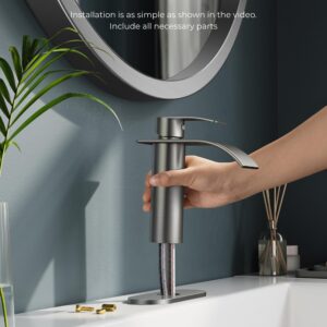 FORIOUS Waterfall Bathroom Faucets Single Hole, Single Handle Bathroom Sink Faucet with Metal Pop up Drain, Brushed Nickel Bathroom Faucet with Deck Plate, Vanity Faucet for 1 Hole or 3 Hole Sink