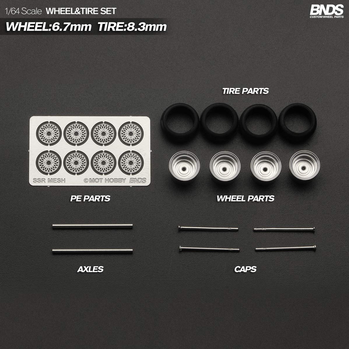 BNDS 1/64 Scale Mini Alloy Wheels Tires with Axles Assembly Detail Up Kits for Professional Modified Diecast Model Vehicle Kit (BC64064)