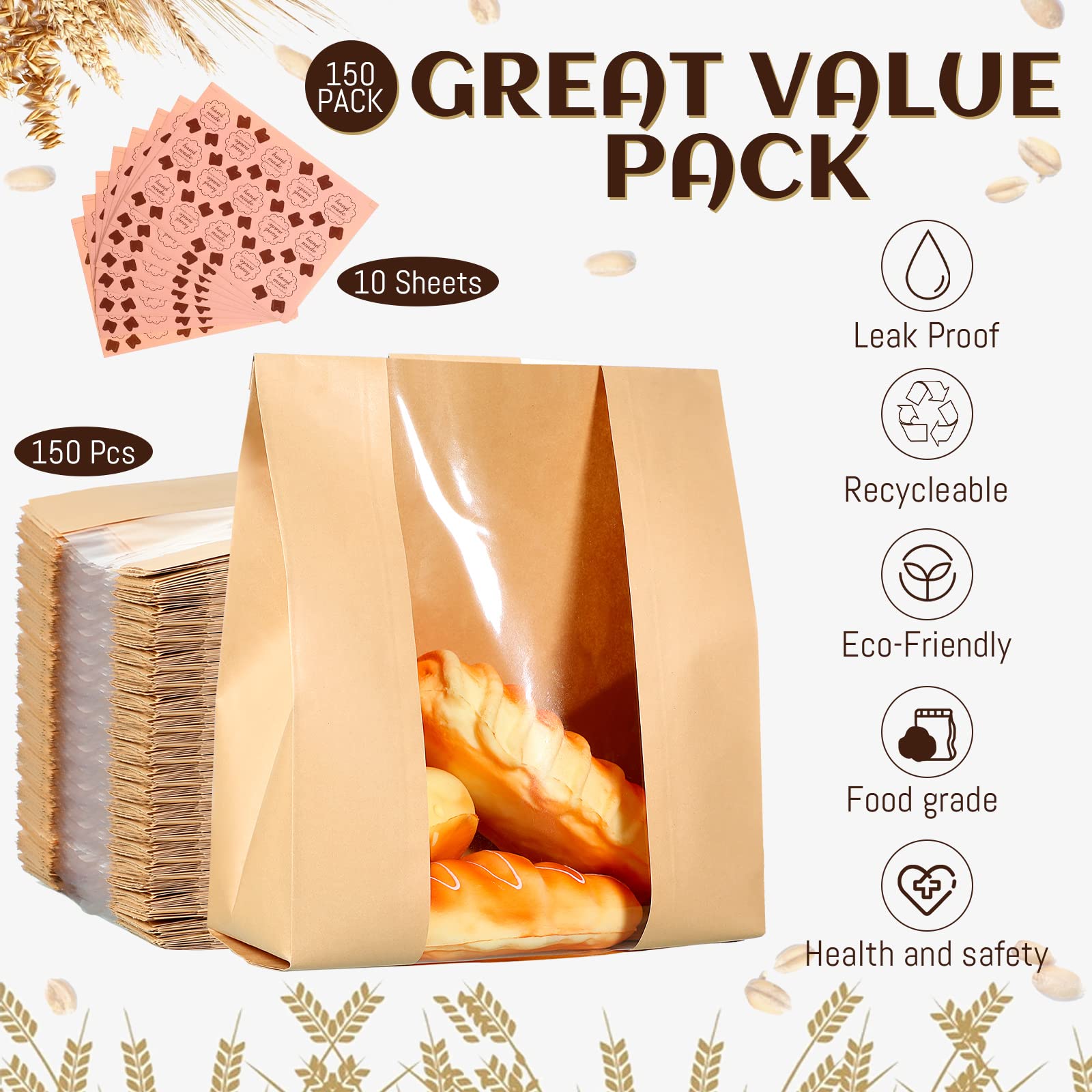 150 Pcs Bakery Bags with Window Large Packing Loaf Bag Paper Bread Bags for Homemade Bread Kraft Bread Storage Bags Bread Packaging Bags with 10 Sheets Stickers for Cookie Food, 12 x 8.3 x 3.5 Inch