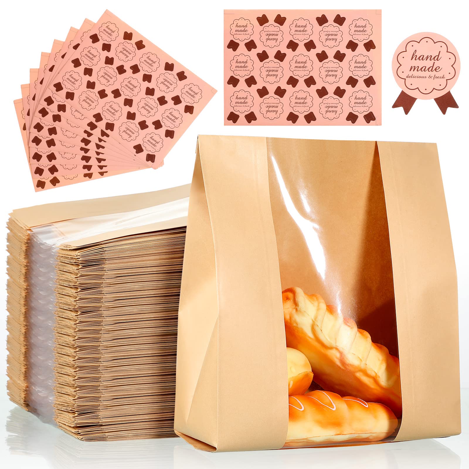 150 Pcs Bakery Bags with Window Large Packing Loaf Bag Paper Bread Bags for Homemade Bread Kraft Bread Storage Bags Bread Packaging Bags with 10 Sheets Stickers for Cookie Food, 12 x 8.3 x 3.5 Inch