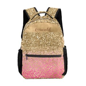 urcustom custom kid backpack, glitter gold leopard personalized name school bookbag, customization casual bookbags for student girls boys