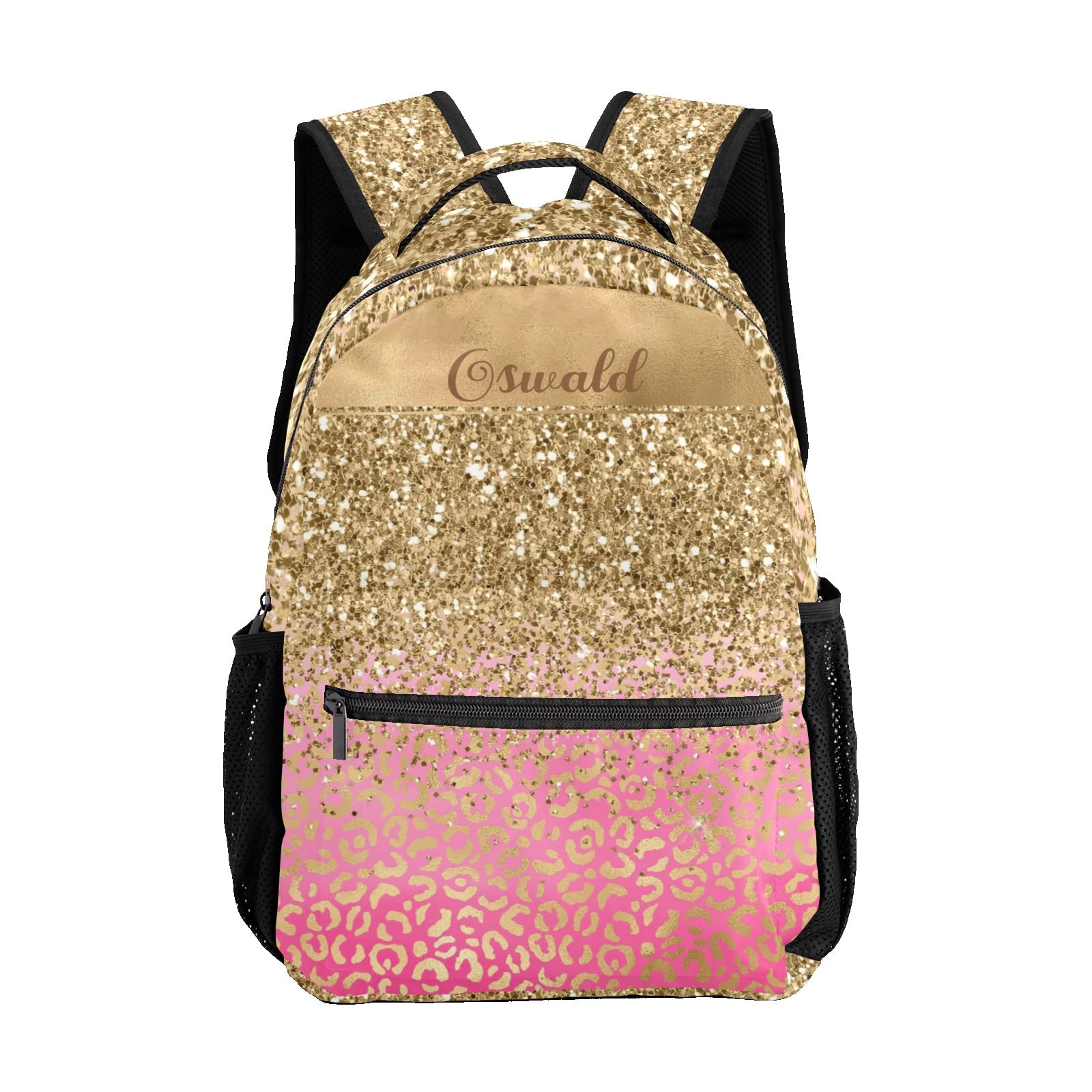 Urcustom Custom Kid Backpack, Glitter Gold Leopard Personalized Name School Bookbag, Customization Casual Bookbags for Student Girls Boys