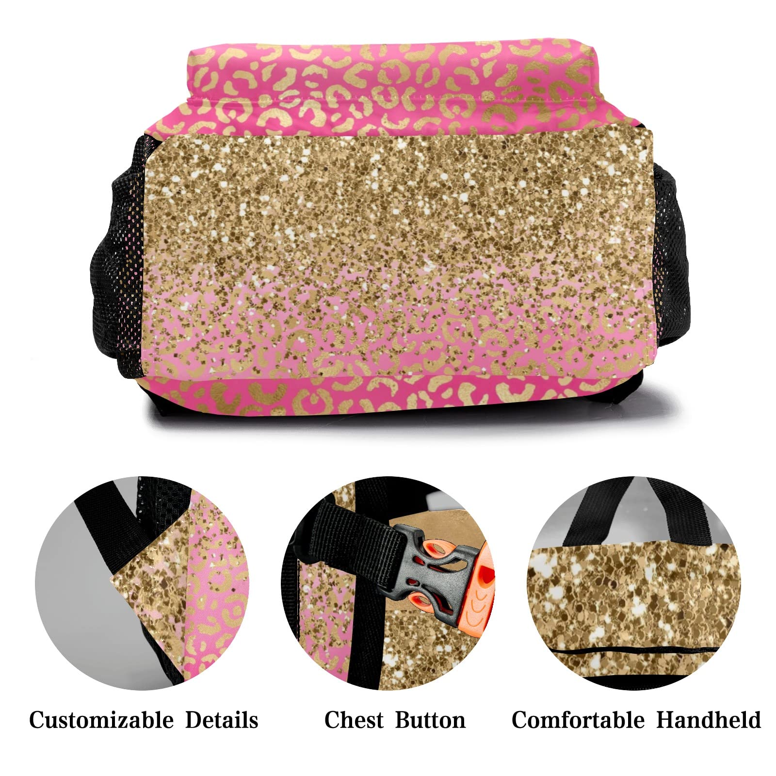 Urcustom Custom Kid Backpack, Glitter Gold Leopard Personalized Name School Bookbag, Customization Casual Bookbags for Student Girls Boys