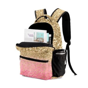 Urcustom Custom Kid Backpack, Glitter Gold Leopard Personalized Name School Bookbag, Customization Casual Bookbags for Student Girls Boys